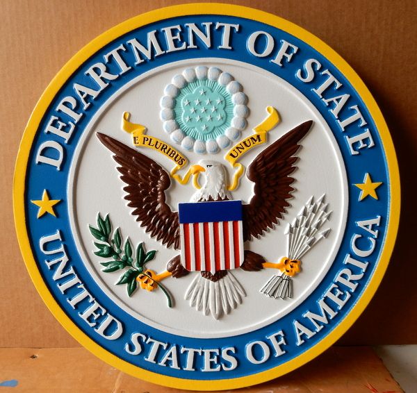 U30174A  - Carved 3-D Hand-painted Wall Plaque of Great Seal of the US State Department