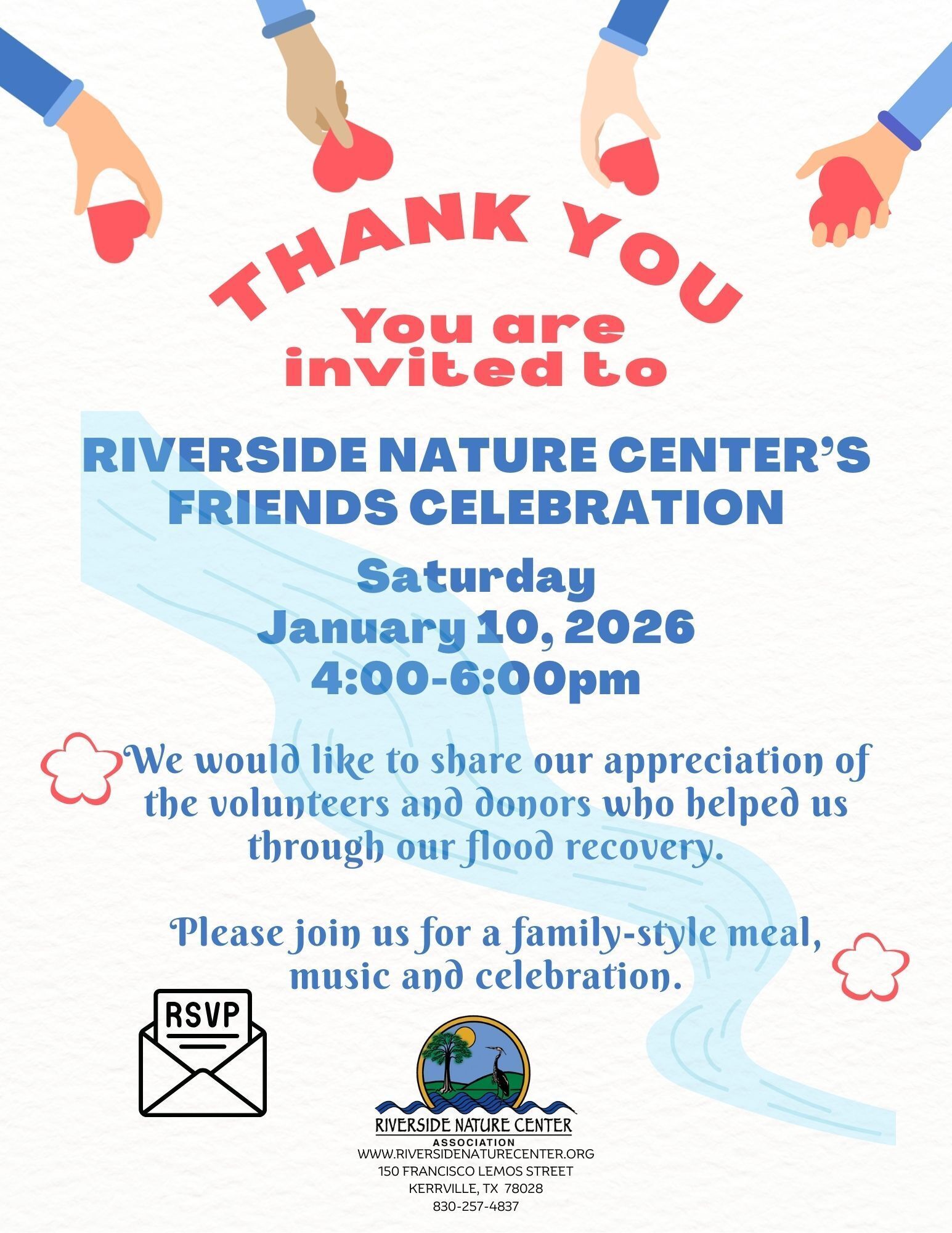 Riverside Nature Center, Friend's Celebration, January 10, Volunteers, Flood Recovery, Donors, family style meal, music, celebration,, Kerrville Texas, Join us