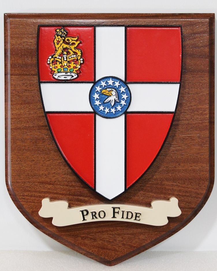 XP-2204 - Carved Plaque  of Coat-of-Arms "Pro Fide"  Mounted on a Mahogany Shield 
