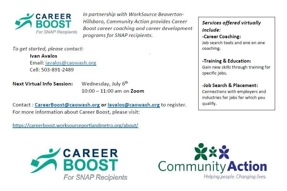 Flyer with more information on Career Boost. Contact CareerBoost@caowash.org or iavalos@caowash.org to register.