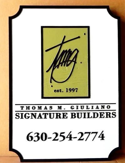 SC38164- Carved Cedar Wood Sign for the "Thomas Giuliani Signature Builders" Company, with Logo