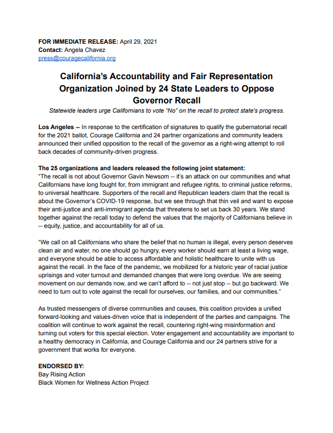 California’s Accountability and Fair Representation Organization Joined by 24 State Leaders to Oppose Governor Recall