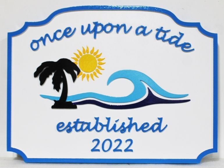 L21178A - Carved and Sandblasted Beach House Sign "Once Upon a Tide", featuring  Stylized Surf, a Palm Tree and the Sun 