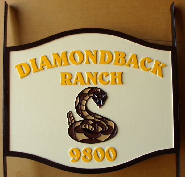 024618– Carved  HDU Address Sign for “Diamondback Ranch” , with Diamondback Snake