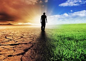 Person walking the line between barren and fertile land