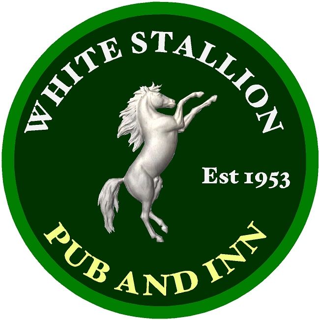 T29122- Carved 3-D  HDU Sign for the "White Stallion ", Pub and Inn, a Rearing White Stallion as  Artwork 