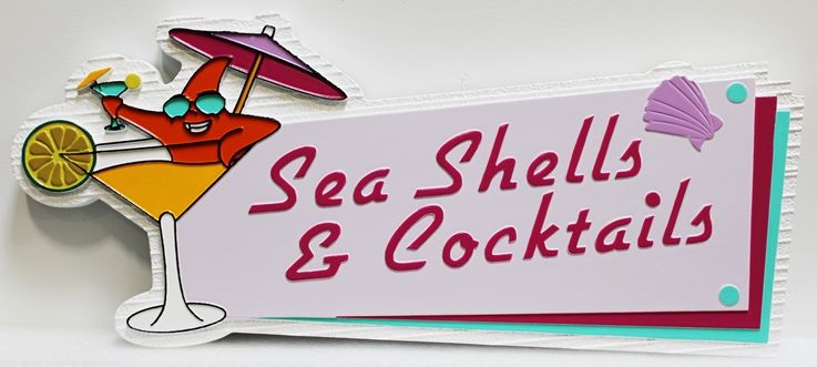 L22241 -  Carved and Sandblasted  Beach House Sign, "Sea Shells and Cocktails", with a Cocktail Glass with a Cartoon Man in it as Artwork