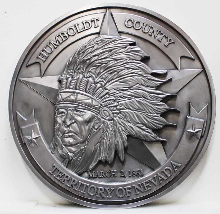 ZP-1040 -  Carved 3-D Aluminum-Plated Plaque of the Seal of the  Humboldt County, Honoring the Winnemucca and Summit Lake Paiute Tribes 