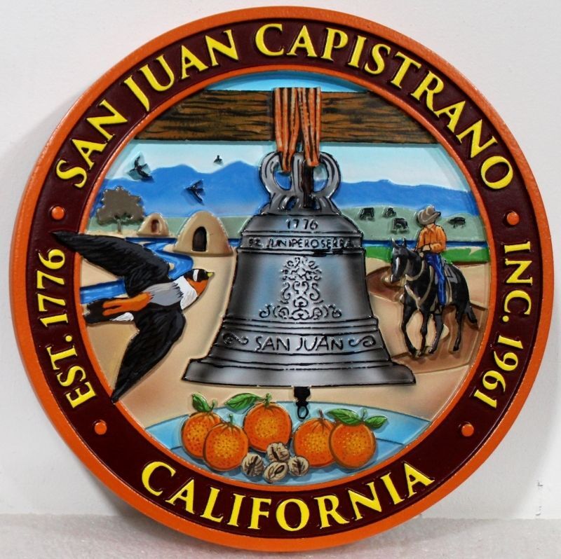 DP-2061 - Carved  3 D Multi-Level Artist-Painted Plaque of the Seal of the City of San Juan Capistrano