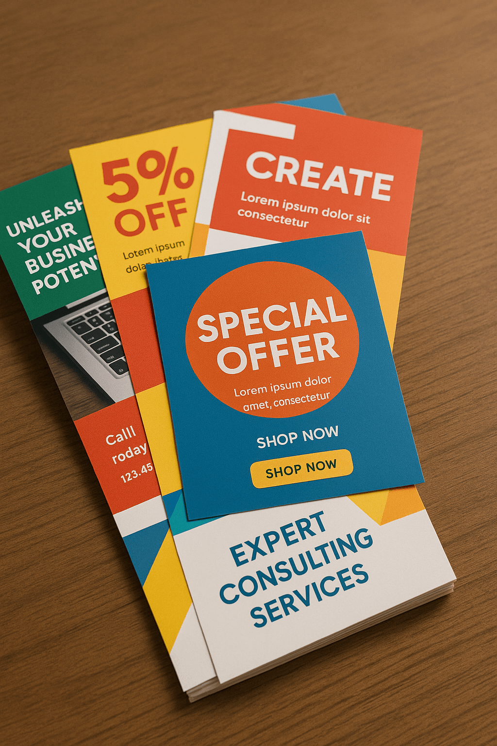 Stack of colorful marketing postcards designed and printed in Boca Raton