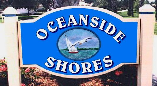 L21321- Post-Mounted Sign for "Oceanside Shores" with Sailboat and Ocean