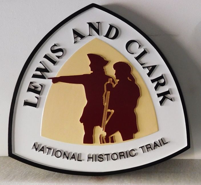 G16103 - Carved Trail Sign for the  "Lewis & Clark National Historic Trail", with Silhouettes of Lewis and Clark 