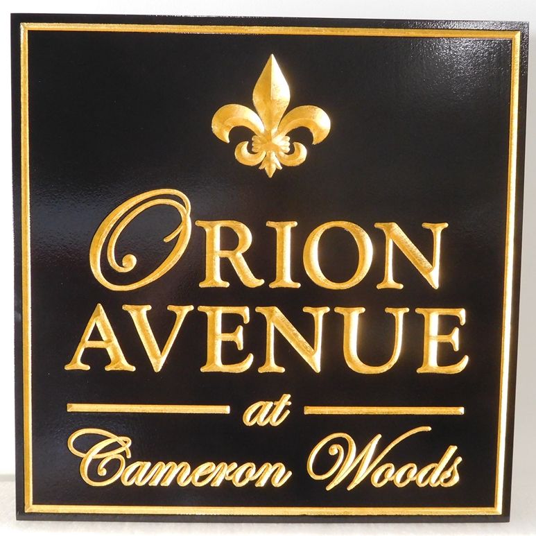 K20078 - Elegant and Formal 3D Sign  with Gold Leaf Fleur-de-Lis and Text, for Orion Avenue Apartments