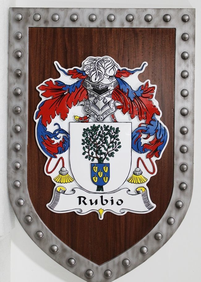 XP-2011 - Carved Coat-of-Arms for the Rubio Family Mounted on a Faux Steel Shield  
