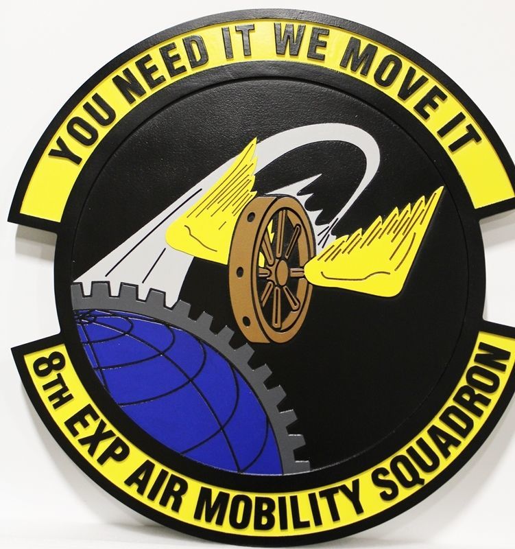 LP-5635 - Carved 2.5-D Multi-Level Raised Relief HDU Plaque of the Crest of the 8th Expedition Air Mobility Squadron with Motto "You Need it, We Move It"
