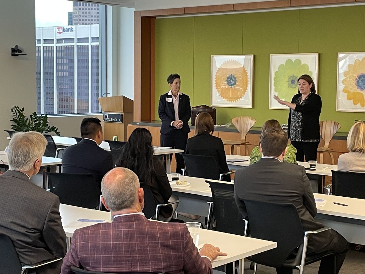 Justices Monica Marquez and Melissa Hart speak to a group of learners