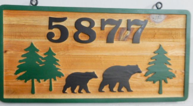 M22856 - Carved Cedar Wood Address Sign with Carved Bears and Evergreen Trees
