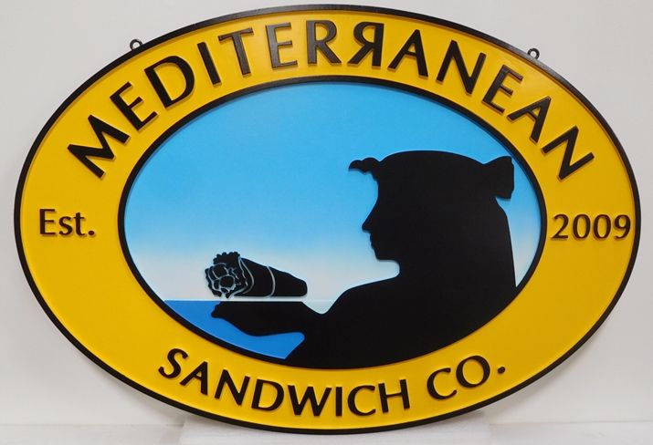 Q25555 - Carved  HDU Sign for the Mediterranean Sandwich Company, 2.5-D Artist-Painted 