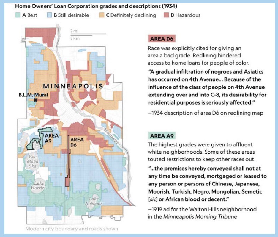 Minneapolis map showing home loan grades for redlined areas versus non-redlined areas