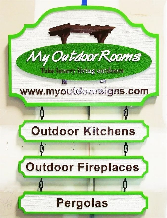 SC38316Sign for Outdoor Rooms Conxstruction:with Three Hanging Rider Signs