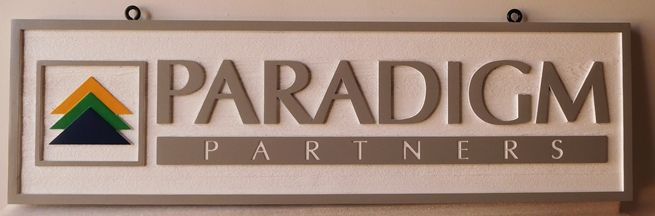 C12102 - Carved  Sign for Paradigm Financial Management Firm, 2.5-D Relief with Raised Text, Art  and Border 