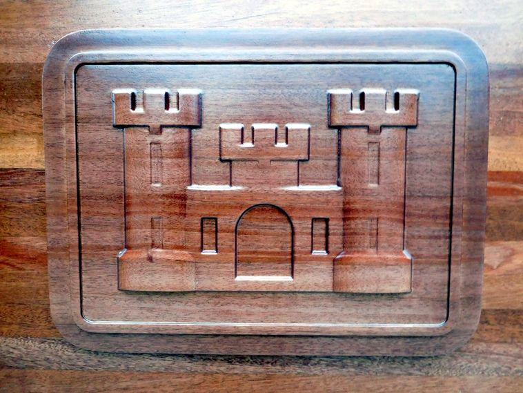 MP-2740 - Carved Plaque of the Insignia "The Castle" of the US Army Corps of Engineers (USACE),  Mahogany Wood