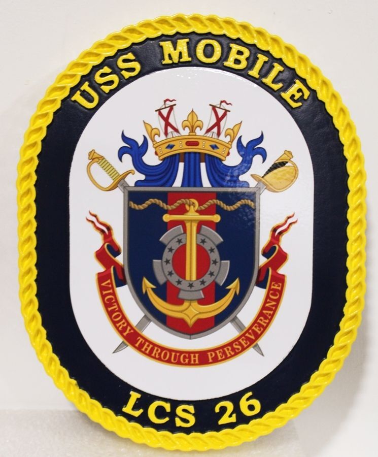 JP-1299 - Carved High-Density-Urethane Plaque of the Crest of the USS Mobile, a Littoral Combat Ship (LCS 26) 