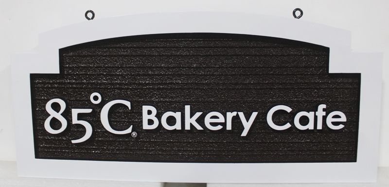 Q25585 - Carved and Sandblasted Sign for "85 Degrees Celsius Bakery Cafe"