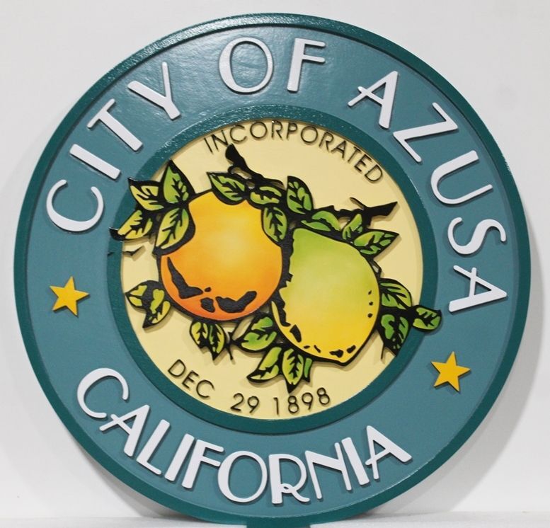 DP-1108 - Carved 3-D Bas-Relief HDU Plaque of the Seal of the City of Azusa, California 
