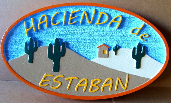M22953 - Sandblasted HDU Desert Home Sign "Hacienda de Estaban", with Cactus and Hills
