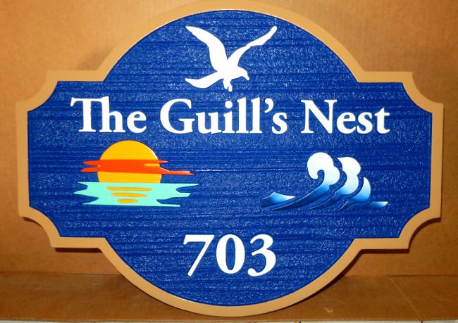 L21644 - Beach House Address Sign "The Guill's Nest" with Seagull, Sun and Waves