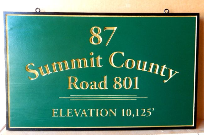 H17062 - Engraved HDU Road Name Sign, Summit County Road 801, with Text and Border Gilded with 24K Gold Leaf
