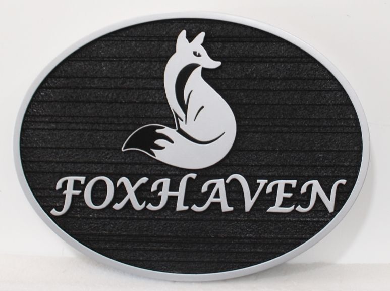 I18554A - Carved and Sandblasted Wood Grain HDU Property Name  Sign for the "Foxhaven" Residence, with a Sitting Fox as artwork