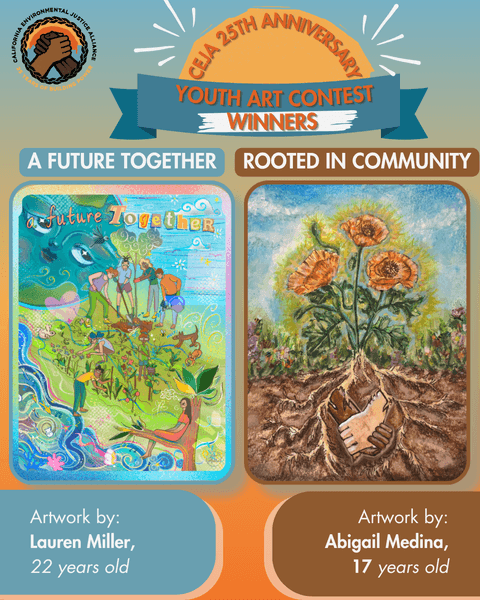 Two art pieces, displayed side by side, on a colorful background. The first piece is by Lauren Miller, age 22, and the second by Abigail Medina, age 17.