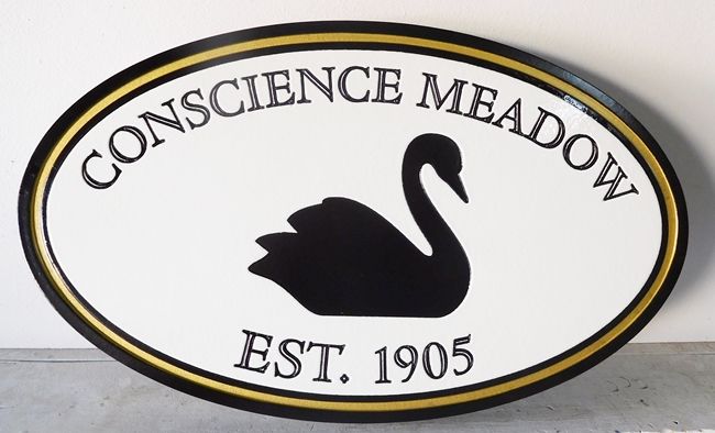 I18526 - Engraved Property Name "Conscience Meadow" Sign, with Black Swan as Artwork