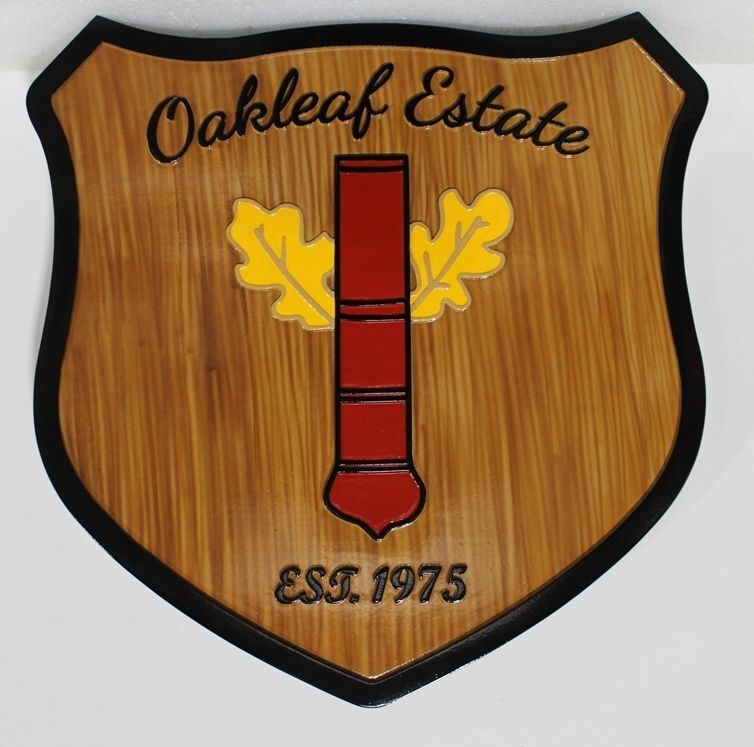 Engraved HDU Plaque of a Shield Crest with a Oak Leaves for the Oakleaf Estate