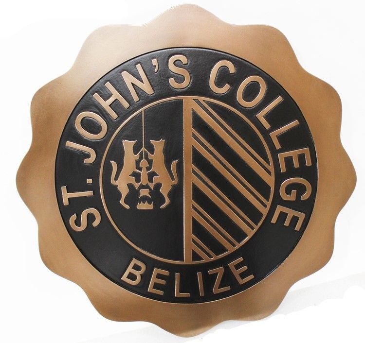 RP-1785 - Carved 2.5-D Bronze-Plated HDU PLaque of the Seal of St. John's College, Belize   