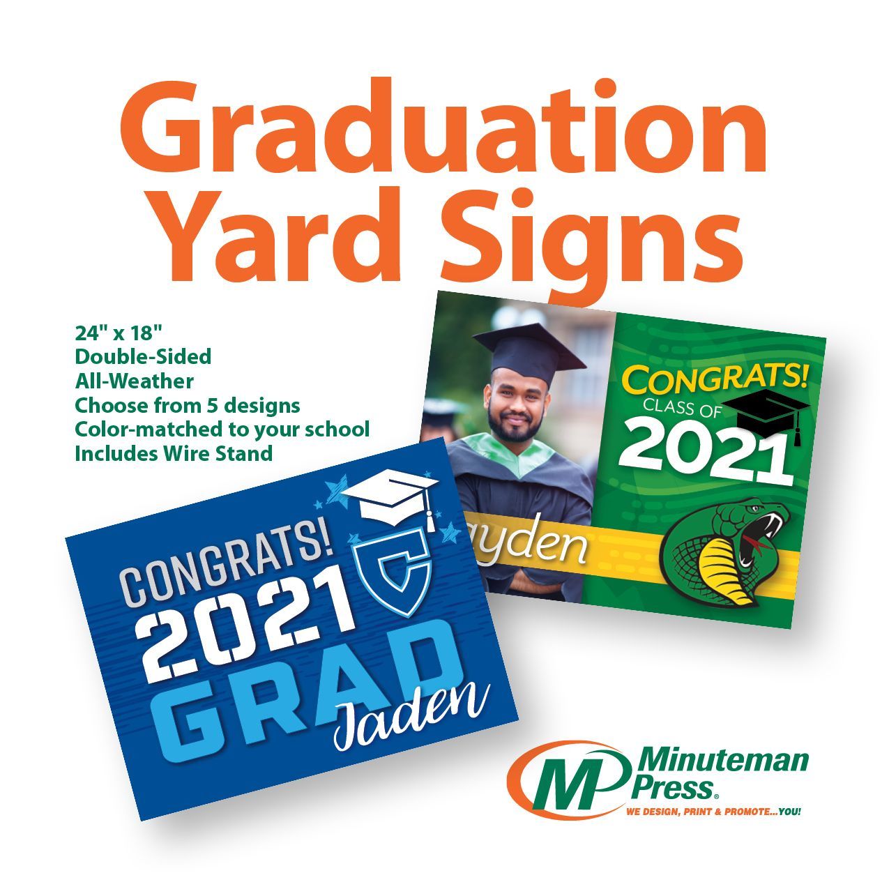 Graduation season is upon us! Celebrate your special graduate with a yard sign customized to their school colors! Choose from our designs with options to personalize. Only $11 standard/$20 for personalized or photo design. Call 217-355-0500 to order.