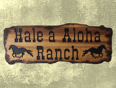 P25212 - Rustic (Scorched) Engraved Cedar Wood Sign for Hawaiian Horse Ranch, with Galloping Horses