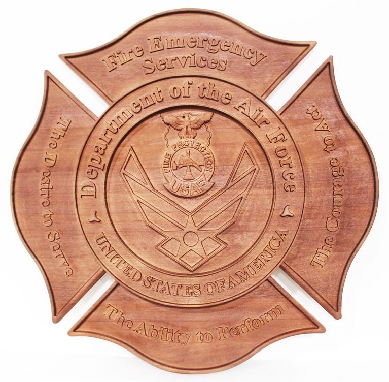LP-7588 - Carved 2.5-D Raised Relief Mahogany Wood Plaque of the Badge of the Fire Protection  & Emergency Services Department of the USAF