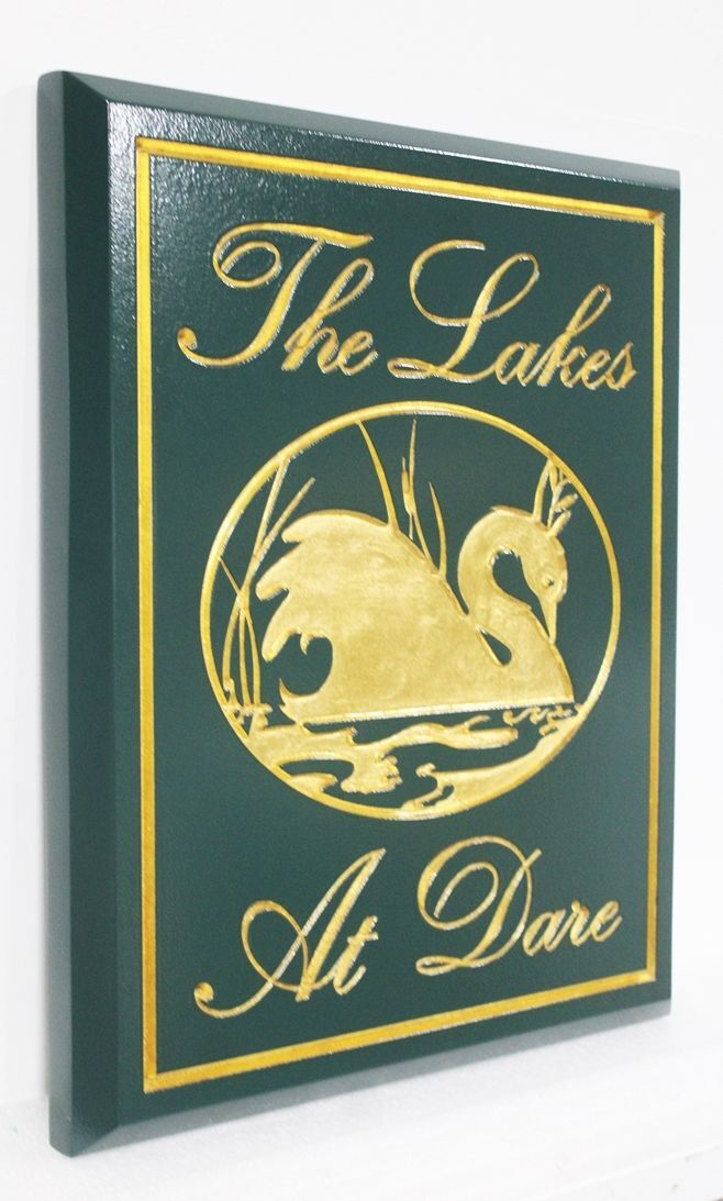 K20076A - Elegant Engraved Entrance Sign for the  "The Lakes at Dare", Gilded with 24K Gold Leaf (Side View)