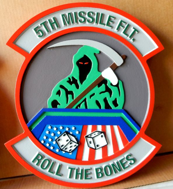 LP-6100 - Carved Round Plaque of the Crest of the 5th  Missile Flight "Roll the Bones",  Artist Painted