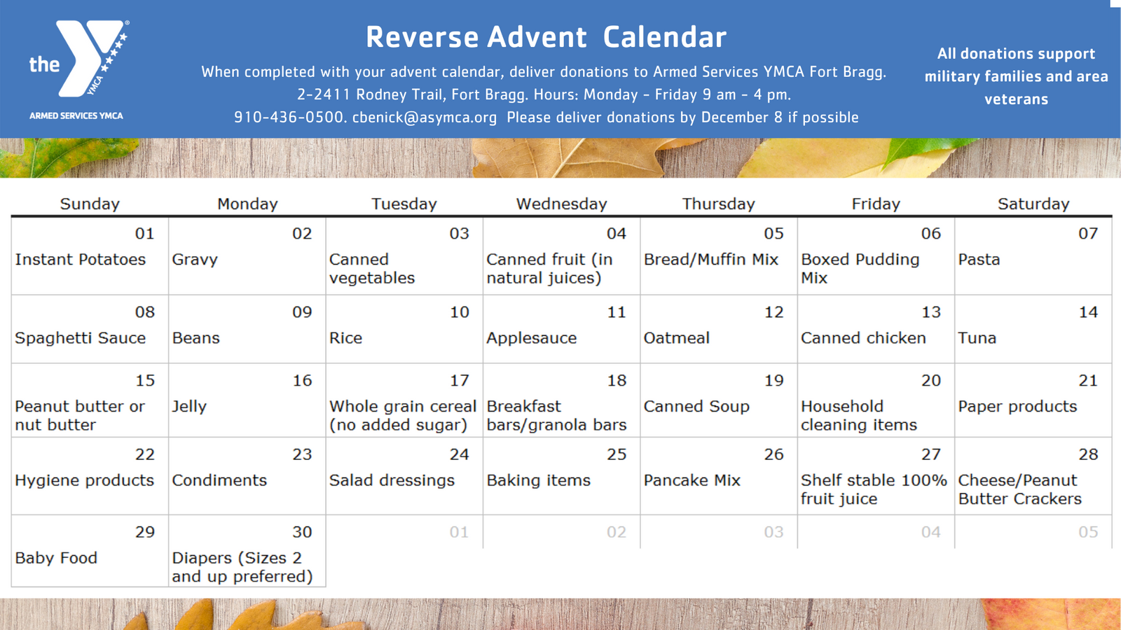 Fort Bragg YMCA Food Pantry Support (Reverse Advent Calendar) Event