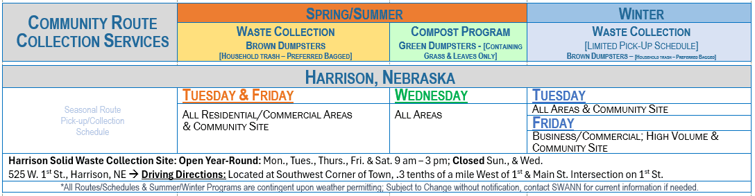 Harrison NE Route Collection Schedule Listing