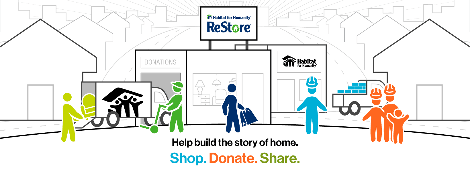 Illustration of Habitat for Humanity ReStore showing donation drop-off, shopping, and construction—highlighting how shopping, donating, and sharing help build affordable homes in Pasco County