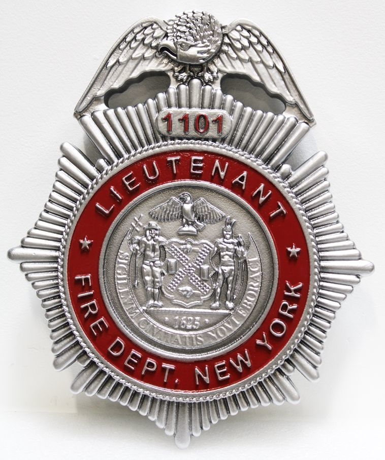 QP-1051- Carved Plaque of the Badge of a Lieutenant of the New York City Fire Department, 3-D Artist-Painted