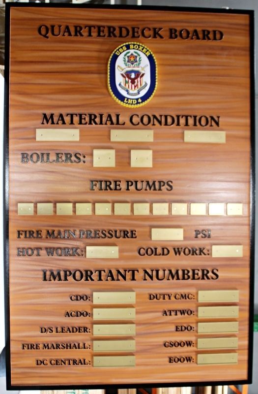 SA1271 - Chain-of-Command Photo Board for the USS Boxer (LHD 4) Quarterdeck Board for Damage Control and Safety Status, in Engraved Wood and Brass