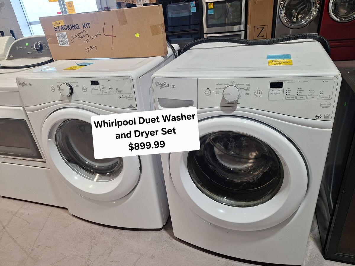Whirlpool Duet front-load washer and dryer set with stacking kit for sale at Habitat ReStore Zephyrhills – $899.99