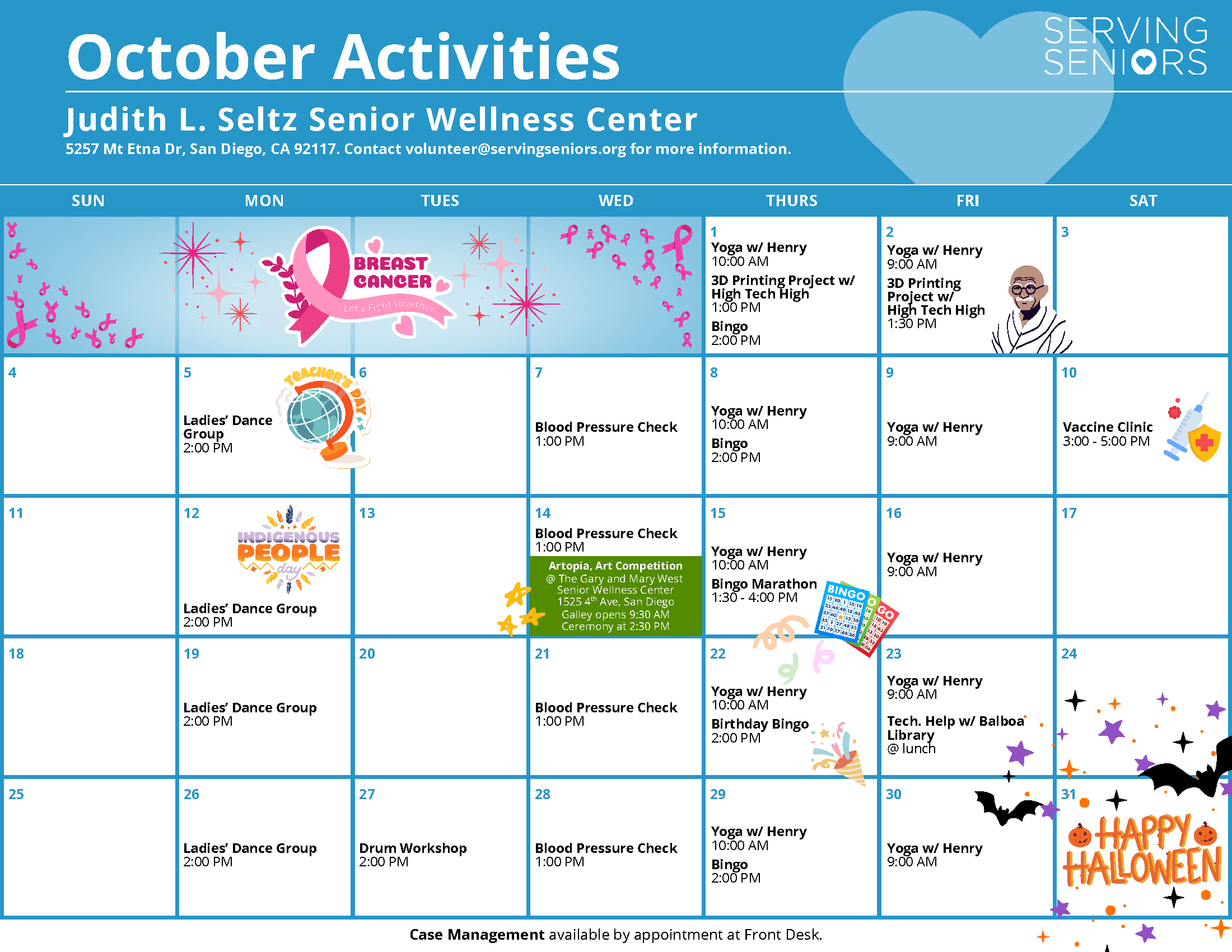 Click to download the Judith L. Seltz Senior Wellness Center October 2026 Activities Calendar
