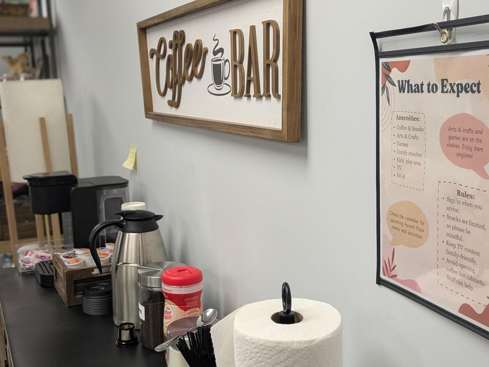 Coffee provided free of charge at The Parent Place. Photo credit: Brittany Wren